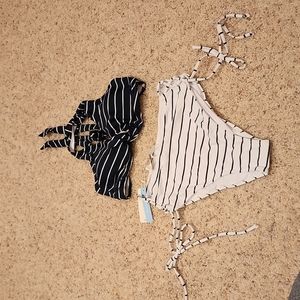 Black and white striped high rise bikini